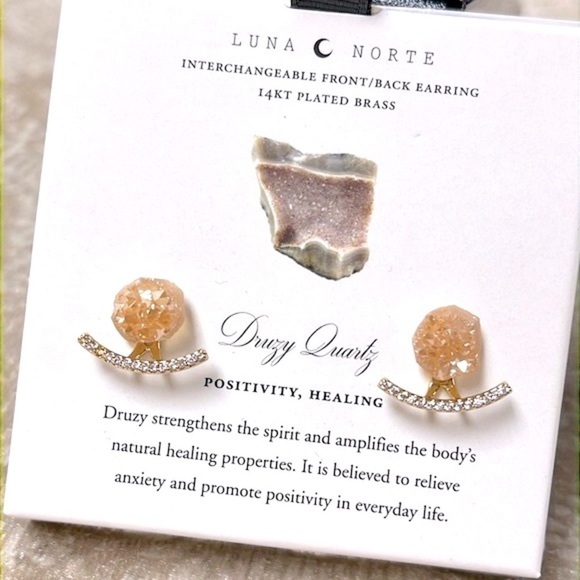 Brand New Luna Norte 14Kt Gold Plated Druzy Quartz Interchangeable Post Earrings - Picture 8 of 16